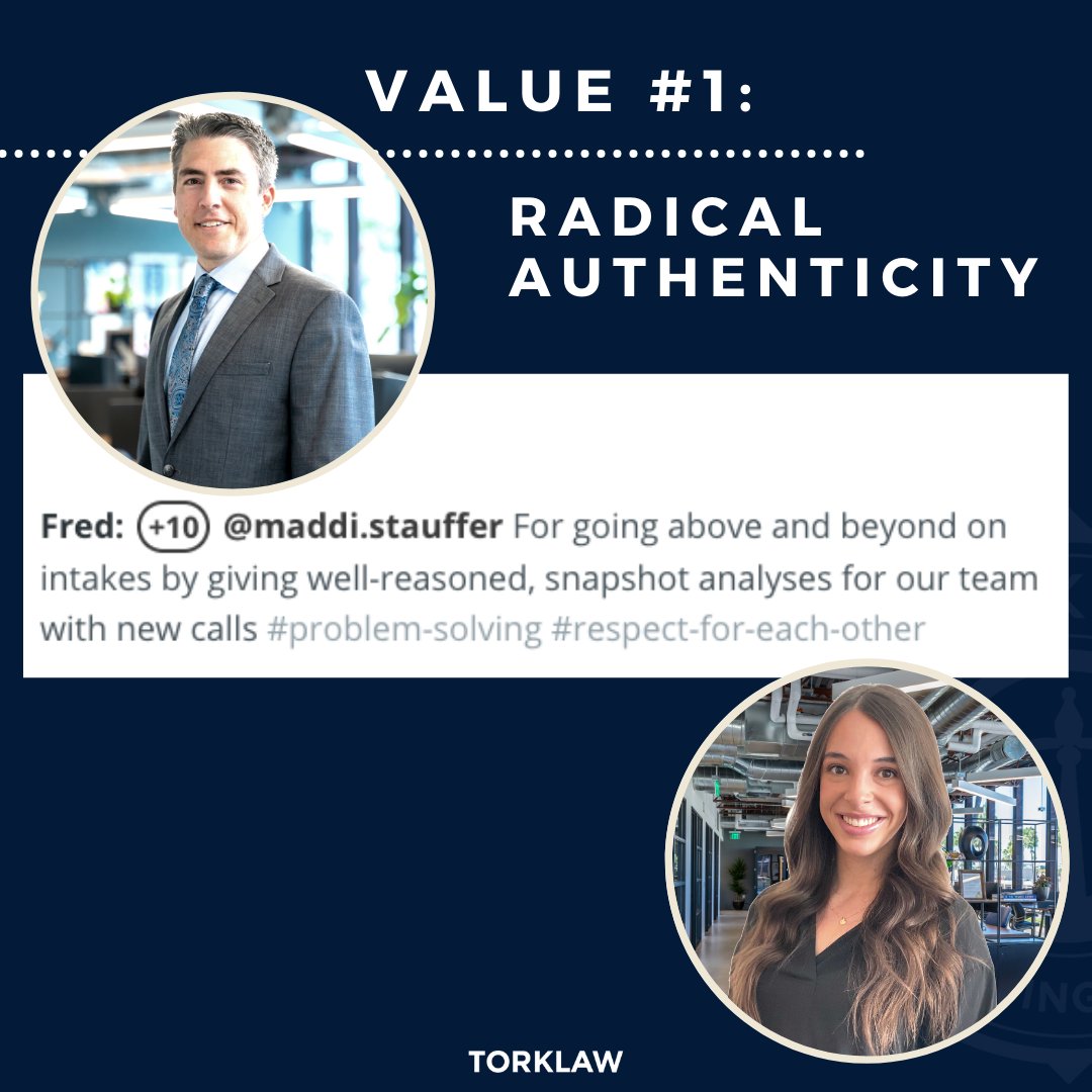 TORKLAW's tweet photo. Our first value of TorkLaw's 5 Core Values is: Radical Authenticity! Everyday, we remind our team to be yourself, ask questions and let their creativity fly!
SWIPE ➡️ to see how our TorkTeam has acknowledged each other for #RadicalAuthenticity this week! https://t.co/uu8YLBhzq8