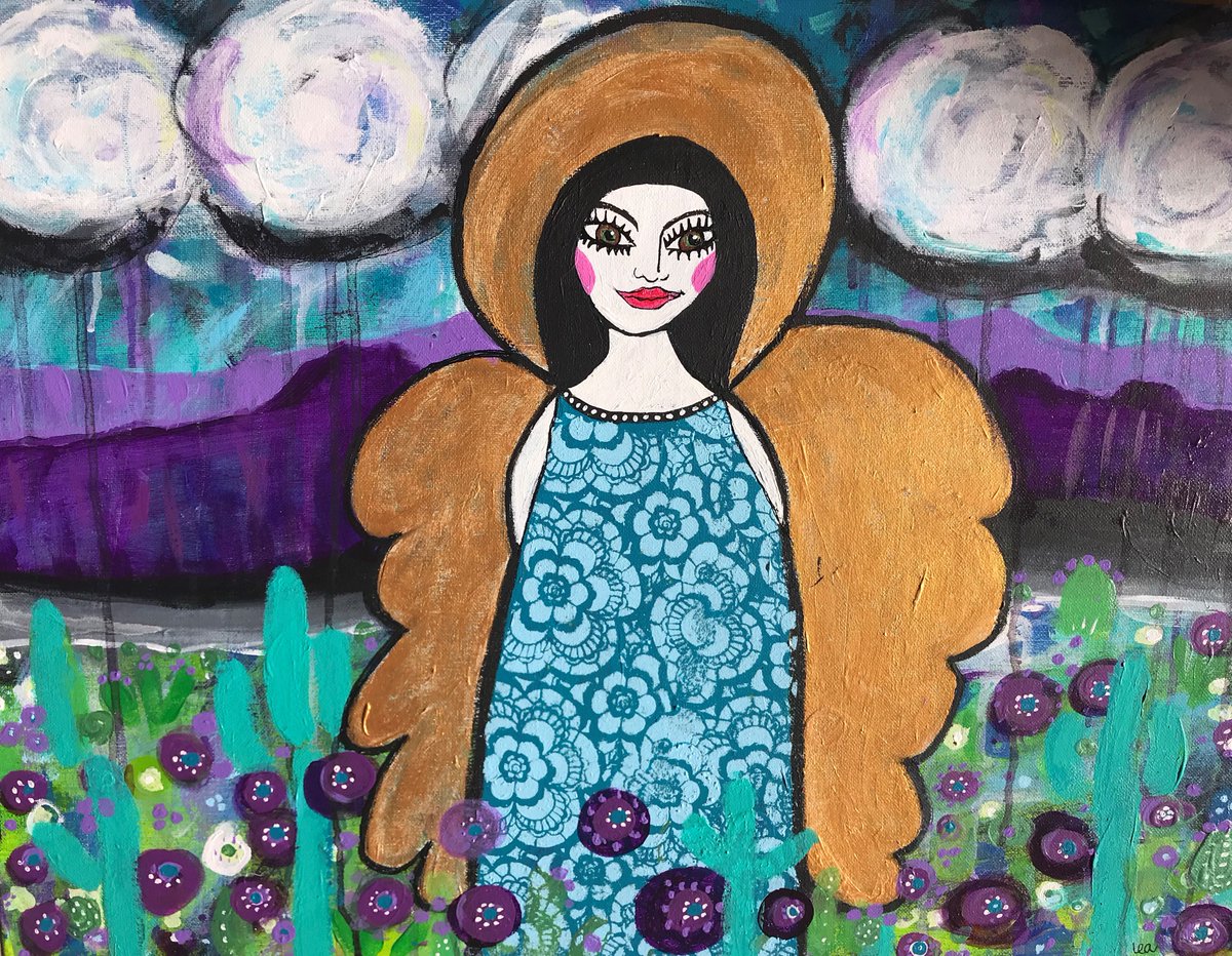 LeaOpitz's tweet photo. @Clr_Collective #colour_collective
#ShadowBlue
Another angel painting for my friend who wanted greens blues and purples, southwest and angels! I made her with a Mexican angel feel, and a Mexican lace dress! For the dress I used a stencil. https://t.co/u50e5b7CEN