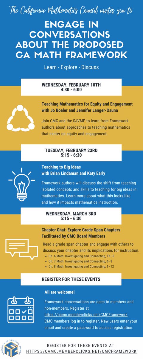 CAMathCouncil's tweet image. #cmcmath is happy to bring a series of conversations + Q &amp;amp; A re CA Math Framework. Register free for any and all sessions camc.memberclicks.net/message2/link/…