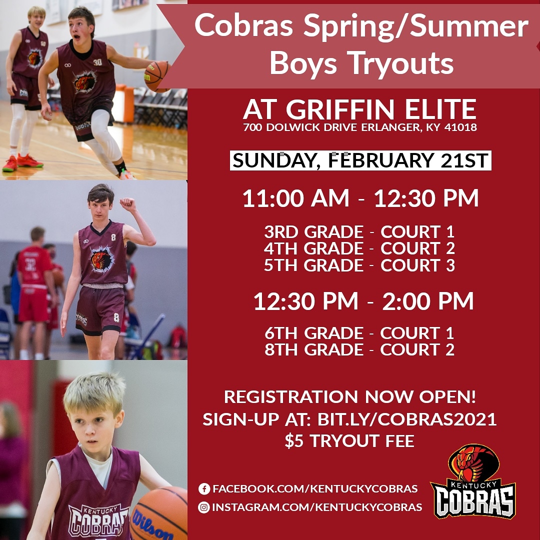 KentuckyCobras's tweet photo. 2021 AAU TRYOUT INFORMATION!

🕒 Sunday, February 21st🕒
🏢Griffin Elite 700 Dolwick Dr.🏢
Register at: https://t.co/1eKGHt42kx

High school grade teams will be formed after school ball is over.

For questions reach out to Chris Clemons at: chris.clemons@kentuckycobras.com https://t.co/zGHCMXHoXq