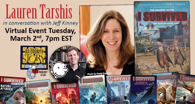 unlikelybkstore's tweet photo. We're welcoming back @laurenTarshis on 3/2, this time to our virtual stage, to share her latest #graphicnovel I SURVIVED THE NAZI INVASION, 1944. Lauren will discuss her I SURVIVED series with @wimpykid! Save your spot in the free event at https://t.co/vwI1U7pUKT @GraphixBooks https://t.co/lRpuawZqnb