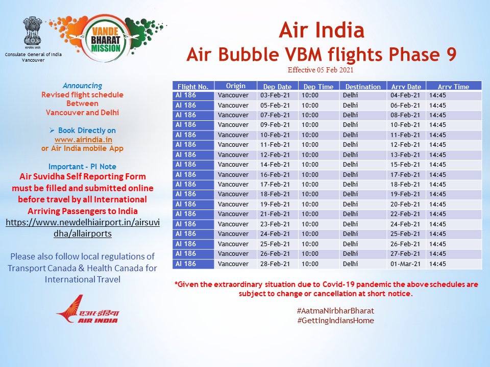 cgivancouver's tweet image. Air India - Air Bubble VBM flights Phase 9 Schedule @MEAIndia @HCI_Ottawa @IndiainToronto