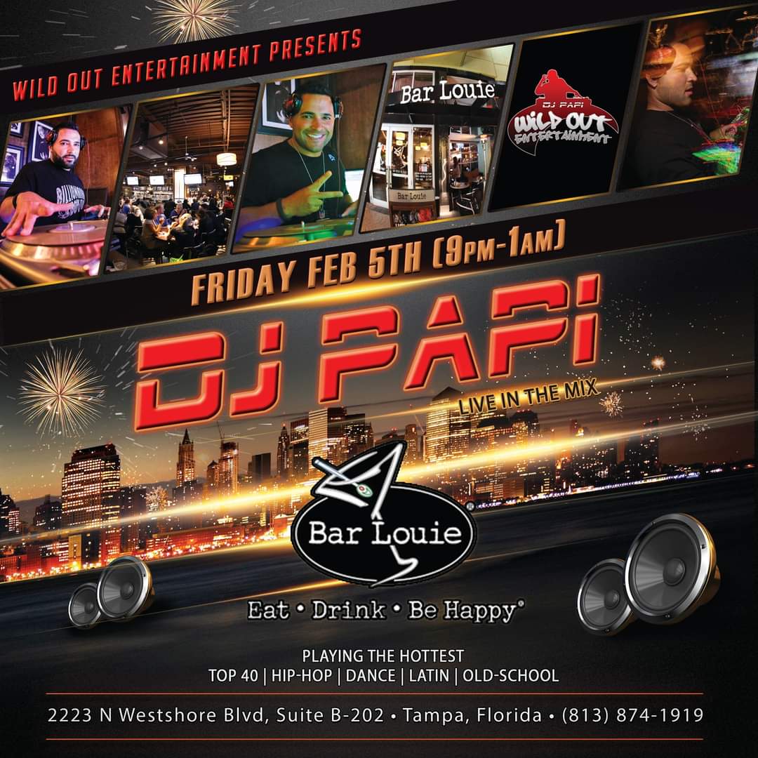 DJPapiTampa's tweet photo. In the mix tonight at @BarLouieTampa from 9pm to 1am to kick off @SuperBowl weekend! And who knows, I may step out after. If I do, I might go see the homie @DJKu do his thang!! CC: @WildOutEnt https://t.co/Qq3cU6zbK8