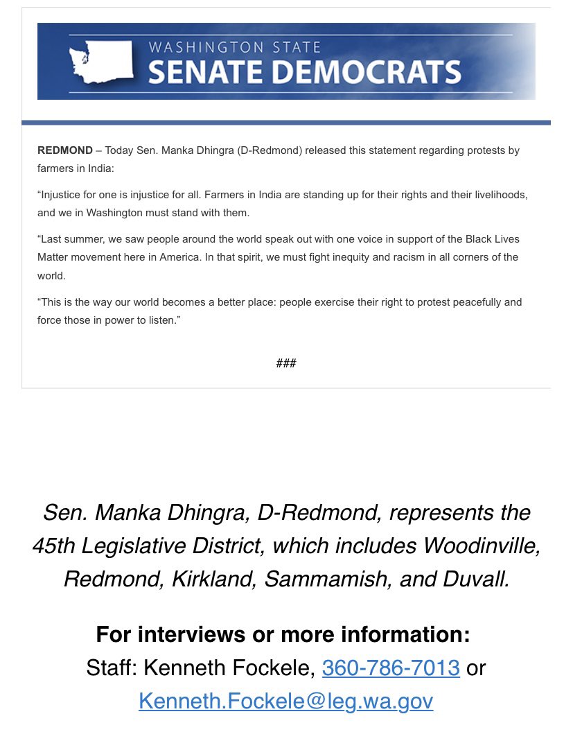 satwinderk's tweet photo. Thank you, @WASenDemocrats Manka Dhingra for your support for #FarmersProtest #KisaanMajdoorEktaZindabaad #KisanAndolan https://t.co/clxWeOtgrE