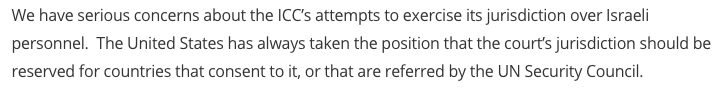 1. Short thread on this bit of the U.S. statement opposing ICC jurisdiction over international crimes committed in Palestine.  https://twitter.com/StateDeptSPOX/status/1357844884238041088