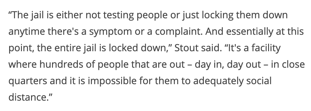  @iniquitousme here pointing out what should be obvious to anyone who thinks about this, except that people refuse to stop and think about this: it is impossible to follow CDC guidance and basic social distancing protocols in a jail.