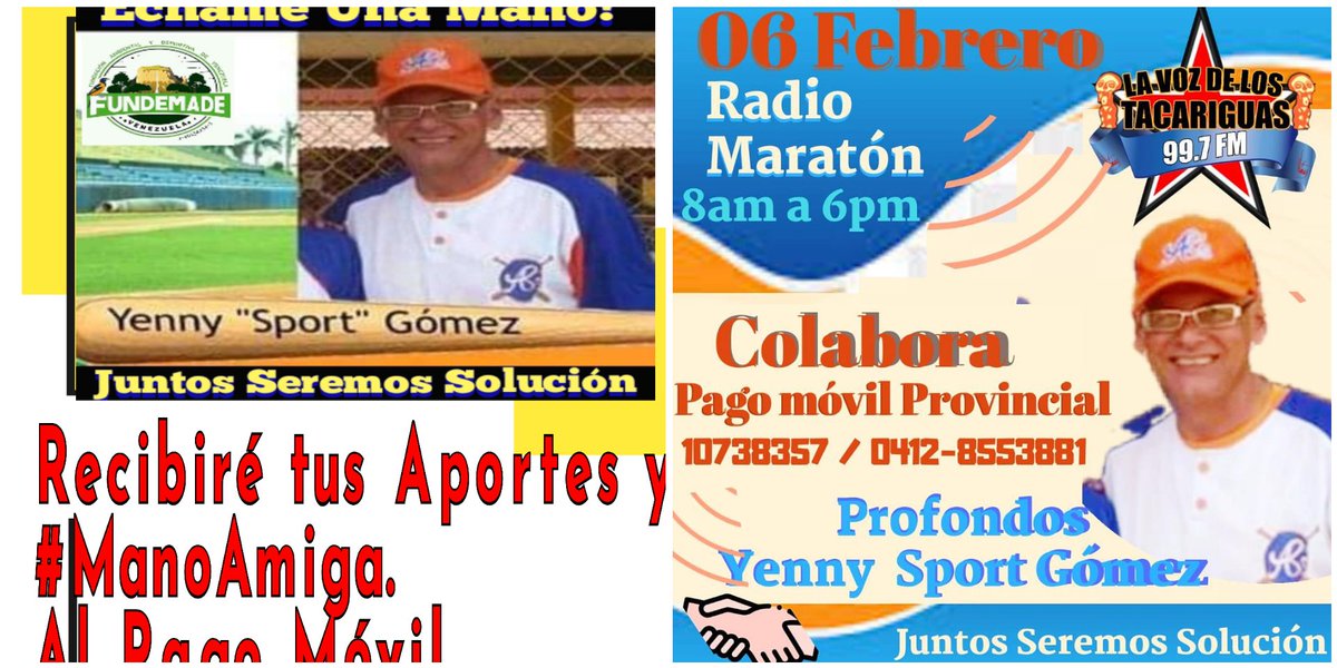 fundemadevzla's tweet photo. En Unión Perfecta con los hermanos de *La Voz de Los Taxariguas y la Fundación Ambiental y Deportiva de Venezuela* se llevará a cabo un Radio Maratón en beneficio de nuestro amigo *Yenny Gómez* Sintoniza la 99.7FM y Colabora. *Juntos Seremos Solución* https://t.co/F1N1qQDoI7