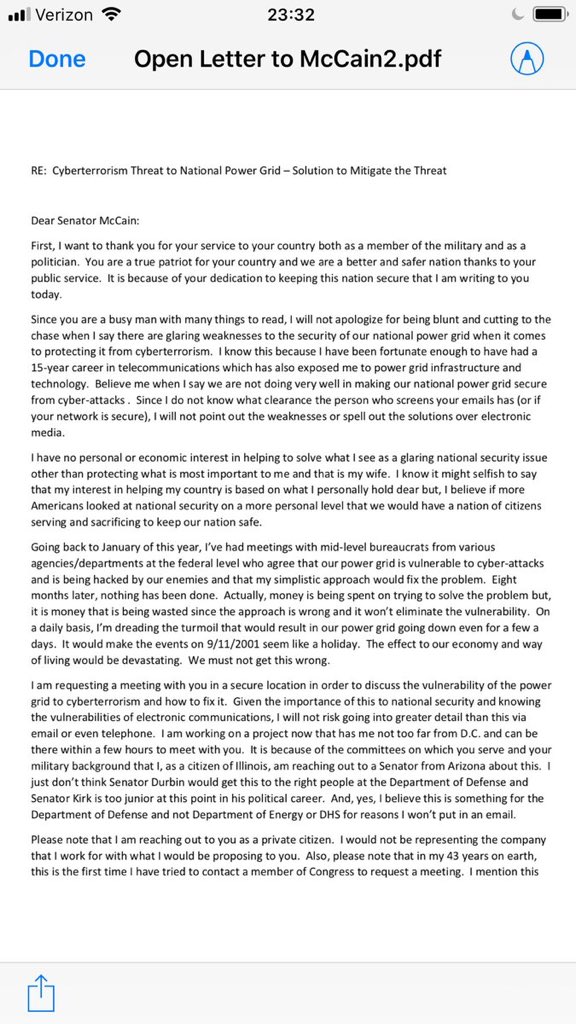 “In 2014 I pasted a letter to Senator John McCain’s website regarding power grid vulnerability: