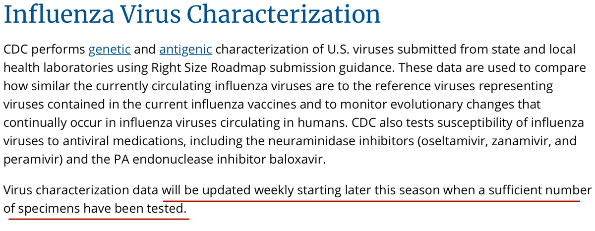 5. In fact, there are so few flu viruses being detected that  @CDC hasn't started publishing weekly updates assessing whether the viruses in the 2020-21 flu shot were well matched to circulating viruses or if the viruses were developing resistance to flu drugs.