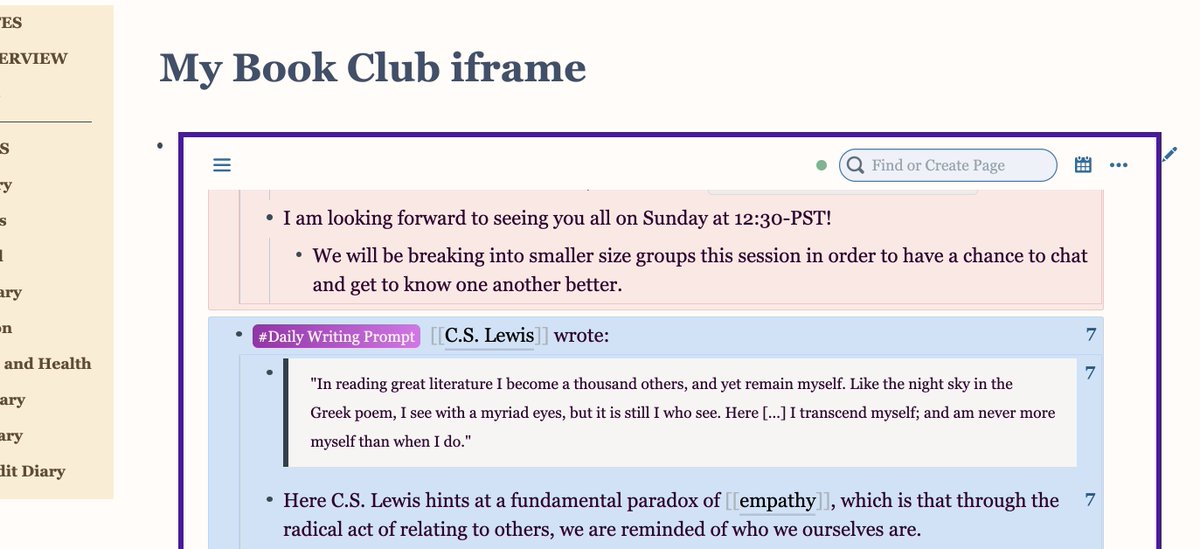 54/n Well, well, wellIt turns out you can pipe one entire Roam graph *inside* another using {{iframe: }} - embedded one works @ full speed once loaded (slight loading delay, startup only)Here's an iframe of our book club page WITHIN my personal graph. (CSS for border, size.).