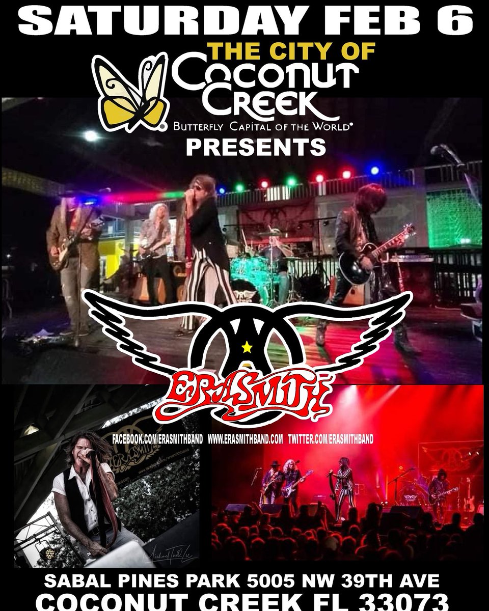 <a href="/EraSmithBand/">ERASMITH Band</a> rocks <a href="/CoconutCreekGov/">Coconut Creek</a> Saturday 2/6 at 6pm. 
#erasmith #Aerosmith #tribute #concert #livemusic #coconutcreek #sabelpalmspark #browardcounty #southflorida #backinthesaddle
