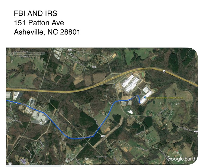 “And a dark-fiber, VPN comm network with encryption overlay that would go undetected. One of those things was establishing a direct dark fiber connection to/from Facebook data center in Forest City, North Carolina to the Federal Building at 151 Patton Ave., Asheville, NC...