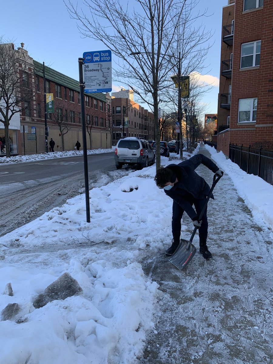 Tonight,  @ProvocCities and I went out for a couple of hours clearing snow and ice from bus stops and crosswalks in the 46th ward.I’m exhausted, frustrated, and more determined than ever that sidewalk snow clearing must be the onus of  @chicago.   #walkablewinters