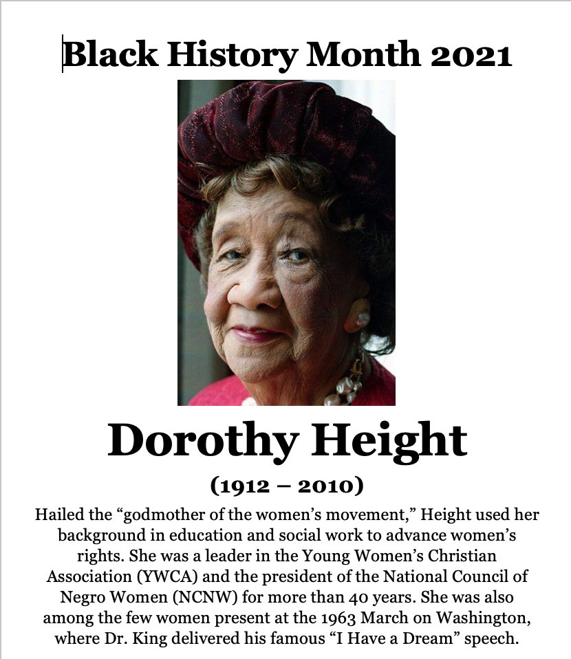 In celebration of Black History Month! ♥️💛💚
Today, we have Dorothy Height, known as the "Godmother of the Women's Movement!"

DM me if you'd like to recognize a specific HERO!

#BHM #Day5 #28DaysofHistory
#GuestGetMoreinD304
#G392BlackHistoryMonth