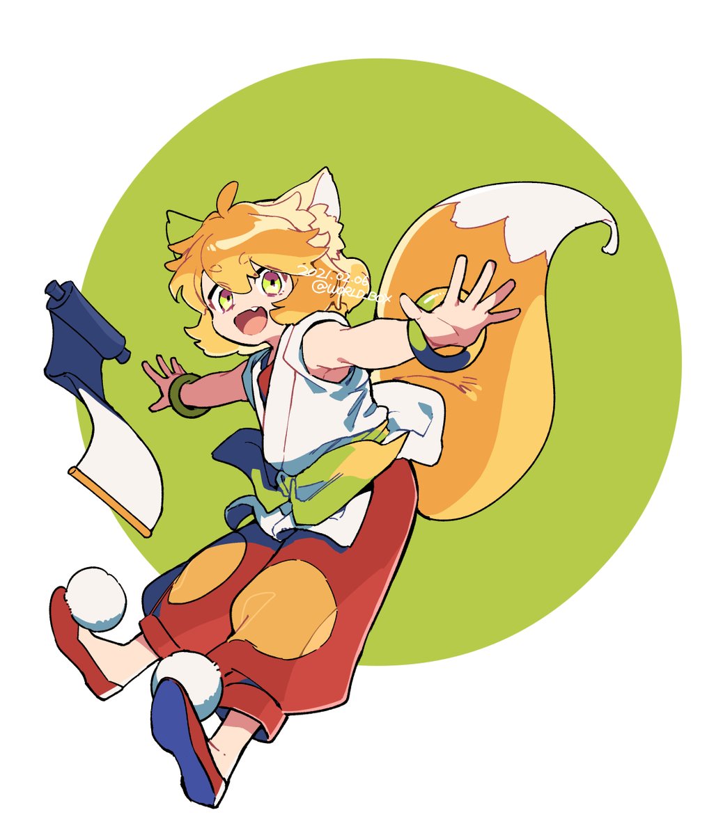 solo fox ears fox tail tail animal ears red pants fox girl  illustration images