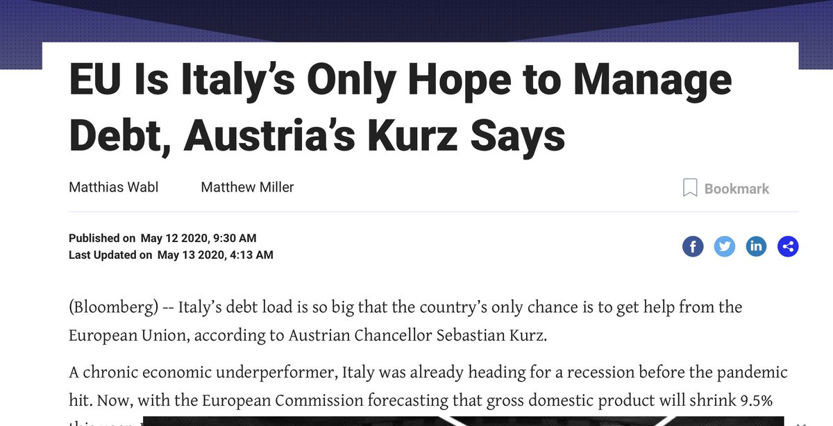 I am from Austria, a country whose government is proud of belonging to the “frugal” camp. The policy discourse on Italy and European economic policy is very one-sided here, often in contradiction to the facts. I feel responsible for contributing at least a bit to improving it. /7