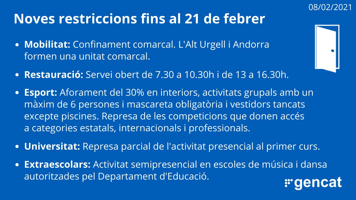gencat's tweet photo. 🆕 Noves restriccions fins al 21 de febrer per frenar els contagis de #COVID19 a Catalunya. Entren en vigor dilluns 👇 https://t.co/NcZSiEsurh

@DOGCdeldia 👉 https://t.co/ktcihSUuUL https://t.co/NYa76ry8Ht