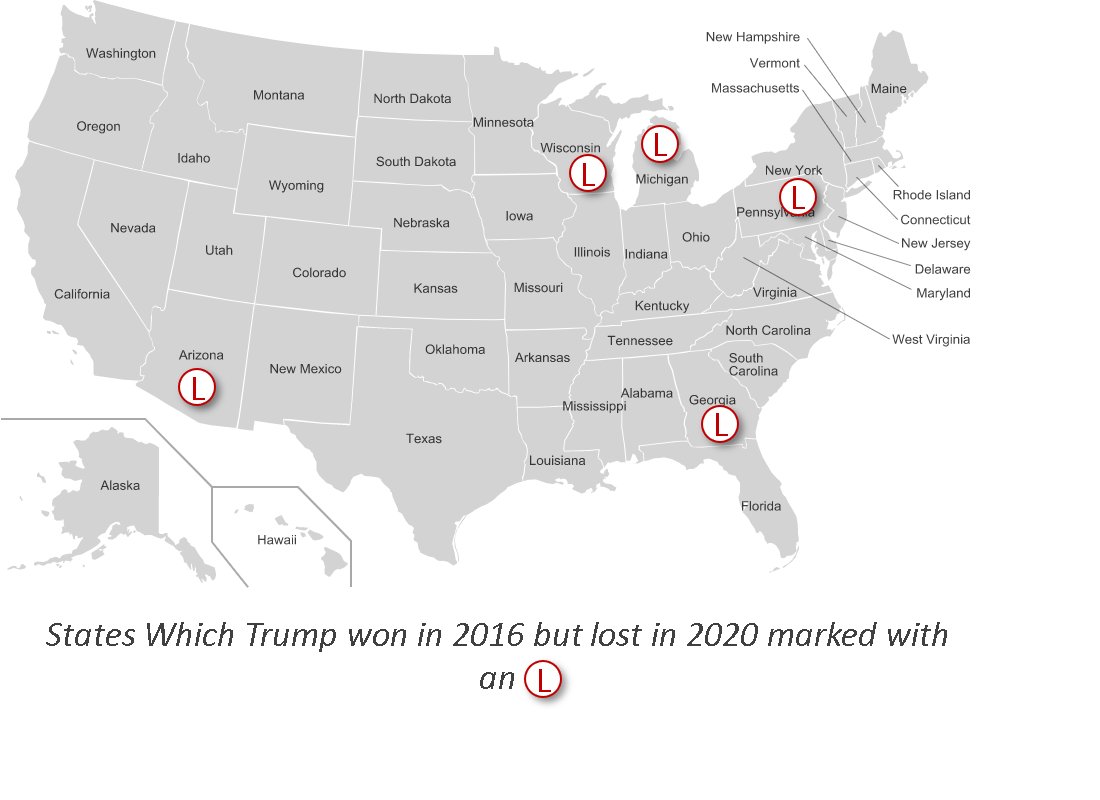 The election of 2020 as explained by a set of maps.Map 1: Where Trump lost in 2020 after having won in 2016 (whole states only, not including Nebraska's Second Congressional District).