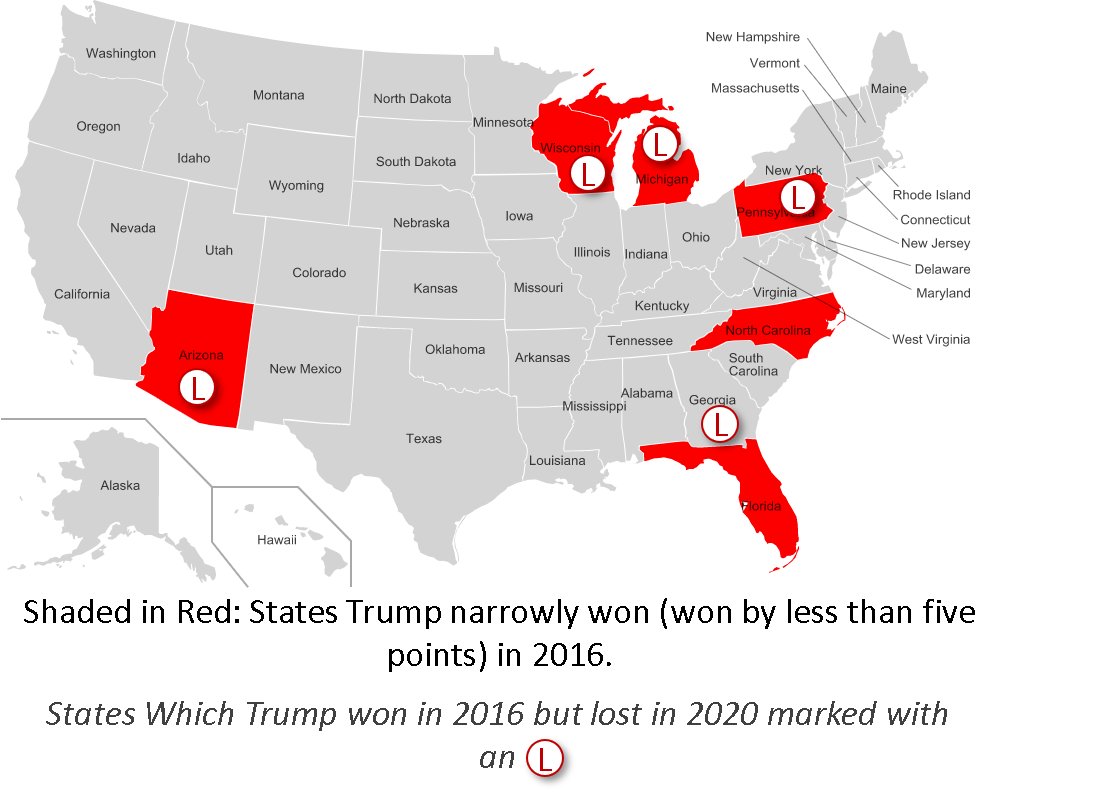 Map 2: Where Trump won in 2016 by a narrow margin (less than five points).