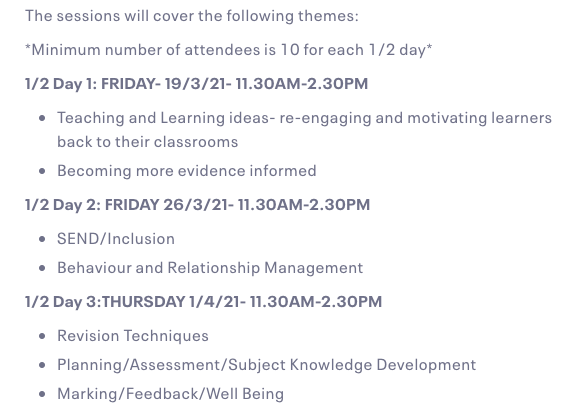 TryThisTeaching's tweet photo. *NEW COURSE*
I have finally turned my Effective Teaching Programme into an online course- https://t.co/UJMdjXmkg0
1/2 days.
19/3
26/3
1/4
11.30am-2.30pm
Aimed at all teachers
Covering a variety of topics!
DM me with any questions!
Discounts avail.
#TLEssentials #BAMEed #WomenED https://t.co/PQcMmivSdE
