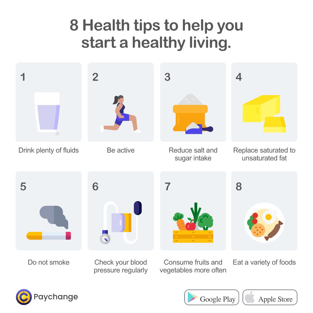 PaychangeN's tweet photo. Health tips to help you start a healthy living.

1) Drink plenty of fluids 
2) Be active 
3) Reduce salt and sugar intake
4) Replace saturated to unsaturated fat
5) Do not smoke
#NoStress #Paychange https://t.co/8RabLqJrwr