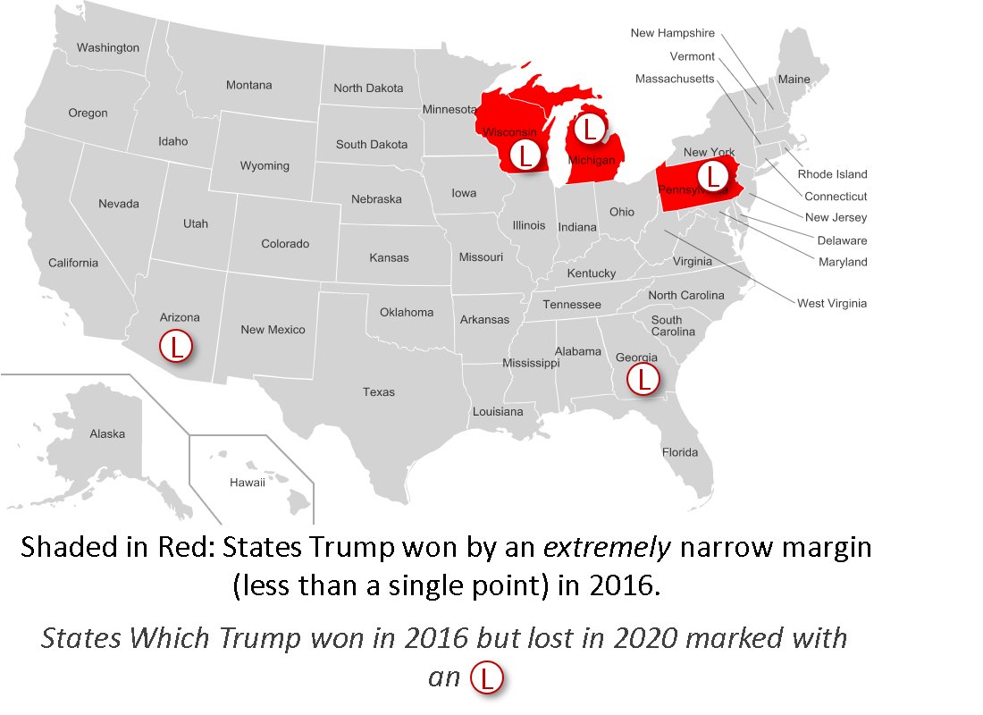 Map 3: Where Trump won in 2016 by the skin of his teeth (less than one point).