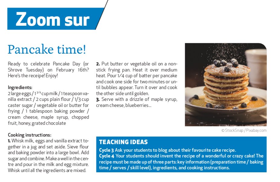 AniellaLEBEAU's tweet photo. #TodayInClass #9 : Zoom sur la journée internationale des #pancakes le 16 février prochain, #PancakeDay ! 🗓
Apprendre l'#anglais via une recette de cuisine ! 👩🏻🍳🥛 🥚 🍯 #motivation #yummy 😋
#ShroveTuesday
#mfltwitterati
#pancake
#recipe
#emdl
👉 https://t.co/l2baLJyBvo https://t.co/bXGjKlvASL