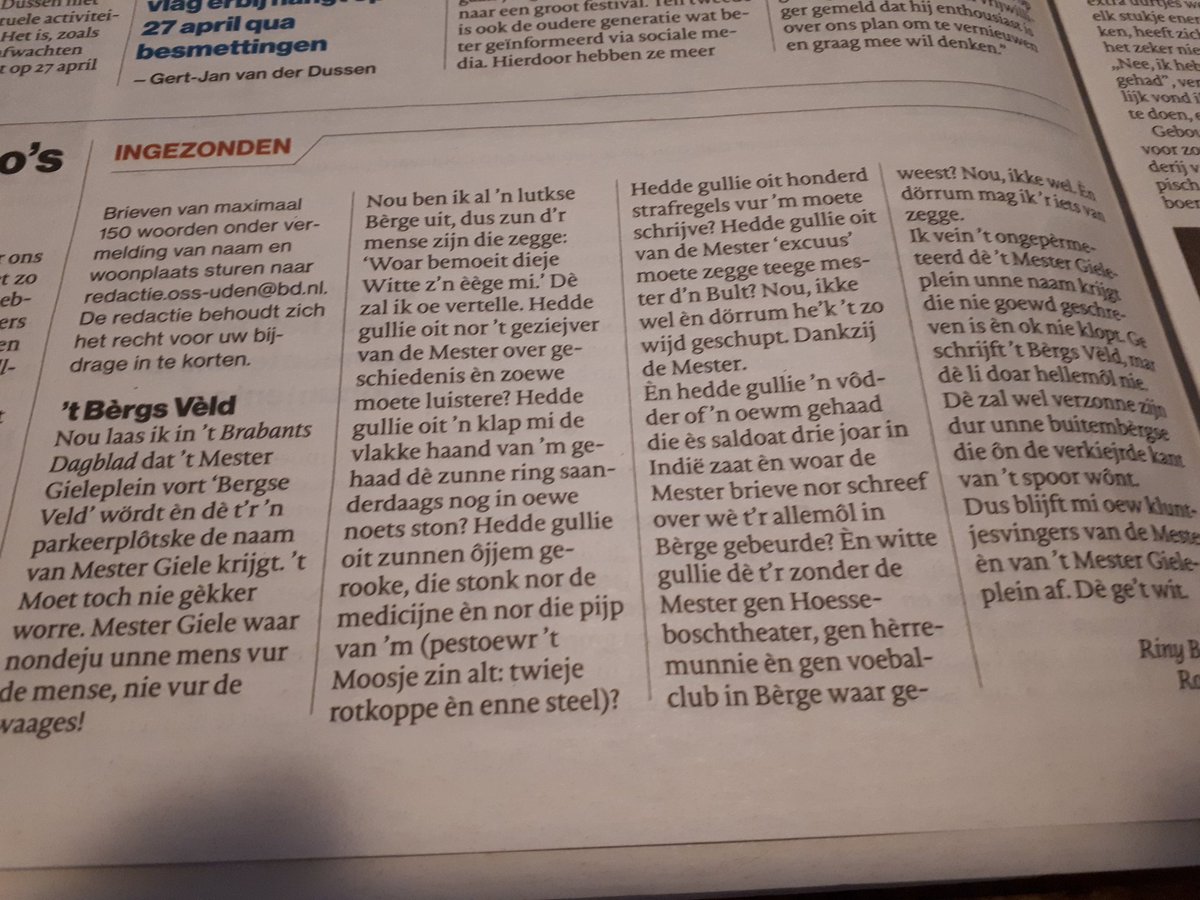 PetervErp's tweet photo. Schitterende ingezonden brief in plat Bergs over het Bėrgs Veld: 'blijft mi oew kluntjesvingers van de Mester en 't Mester Gieleplein af.' https://t.co/JXoBXGCF7W