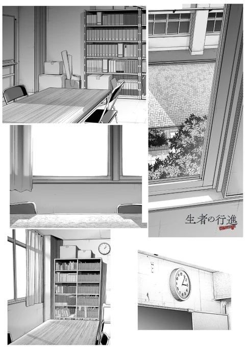 背景のみ見て欲しい②
窓から覗くタイルの一枚一枚まで…質感や光にまで細かく気を配って描かれています。

#生者の行進
#ホラー漫画
#背景美術 