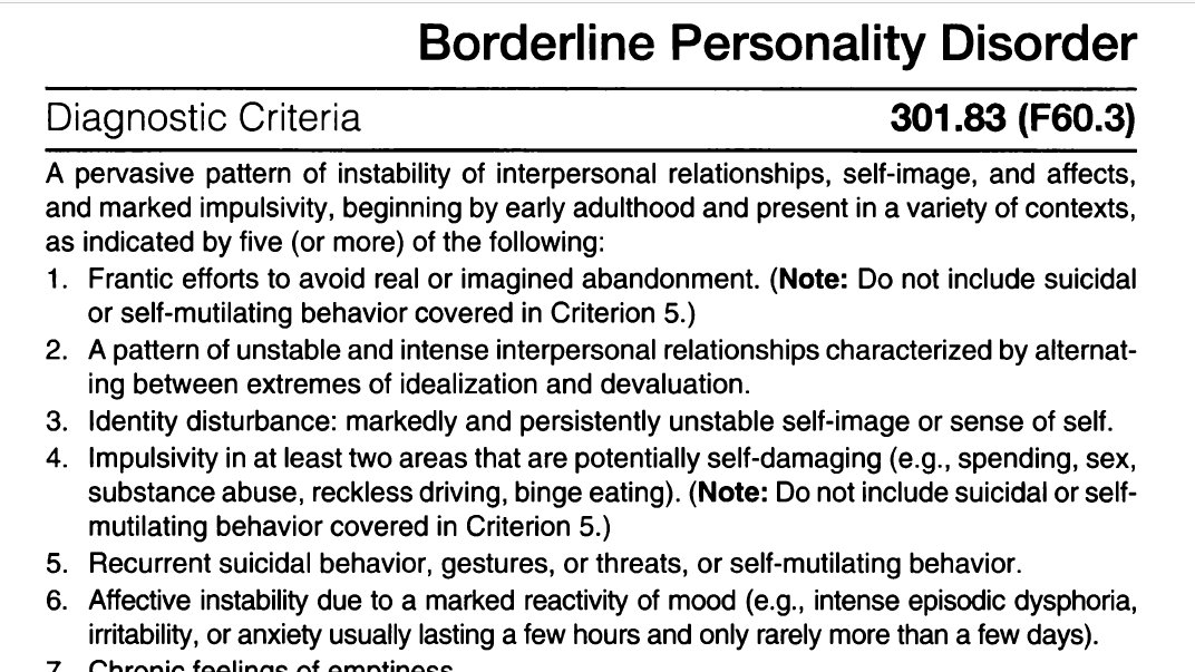 The description in the DSM of a person with borderline personality disorder is the caricature of a toxic narcissist, stupid, impulsive, irrational and self-absorbed with no redeeming qualities.