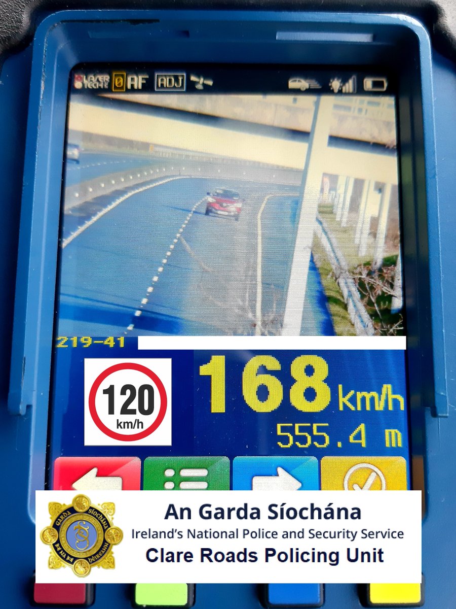 Clare Divisional Roads Policing Unit detected this car travelling at a speed of 168km in a 120km zone.

FCPN issued and proceedings to follow. #SlowDown