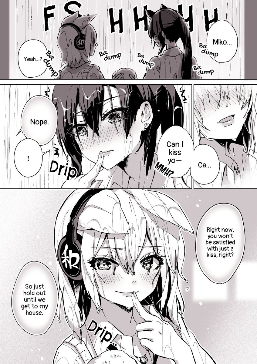 ↑の漫画、ENGver作っていただきました!Please read this:D

A couple takes shelter from the rain at a bus stop on a rainy day.
They become increasingly attracted to each other's wet appearance...

Eng translation:@KangaerunaMiyo THNX! 