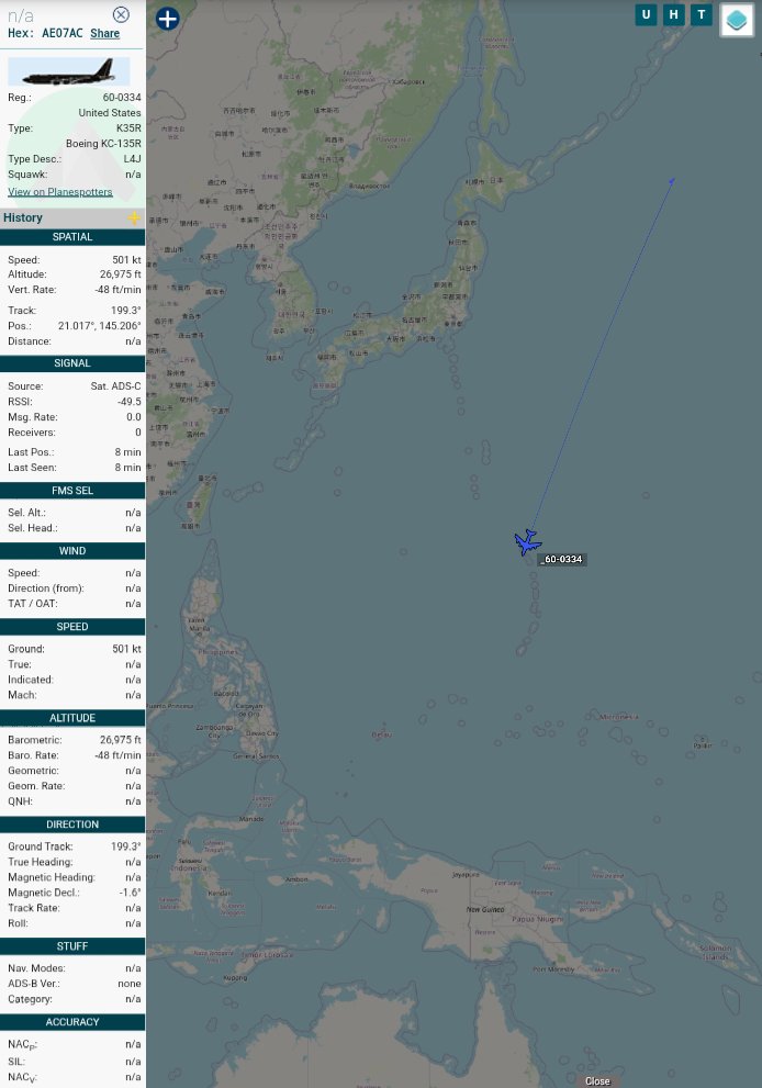 Oceanworldfree's tweet photo. 🇺🇲 USAF
Two Boeing KC-135R Stratotankers flying toward #Guam
61-0276 #AE04EA
60-0334 #AE07AC https://t.co/sRowzREVT1