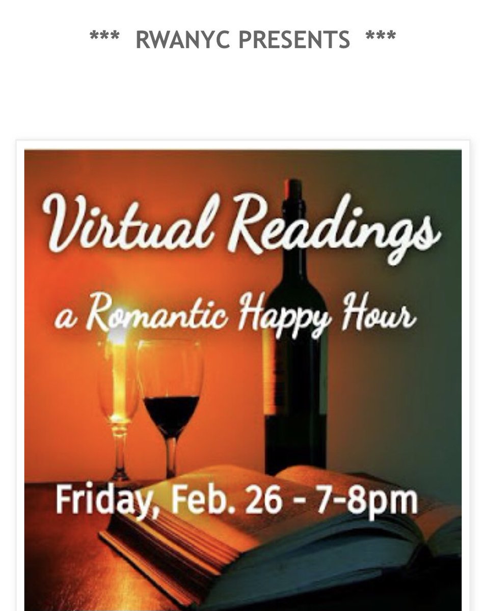 #BookGiveaway! We are giving away 4 romance novels during our Virtual Happy Hour Readings on Fri, Feb26, 7pm, w/ <a href="/AuthorMJM/">Michael Molloy</a> <a href="/Ursula_Renee/">Ursula Renee</a> <a href="/Anna_DePalo/">Anna DePalo</a> &amp; <a href="/JeanJoachim/">Jean Joachim</a>. RSVP: rwanyc.com/romantic-happy…. #ReadRomance