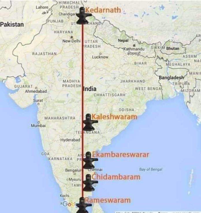There are ancient Siva temples from Kedarnath to Rameswaram with Kaleshwaram, Sri Kalahasti, Ekambareswar at Kanchipuram, Thillai Nataraja Temple at Chidambaram are aligned in a almost same geographic straight line around "79° E" Longitude.