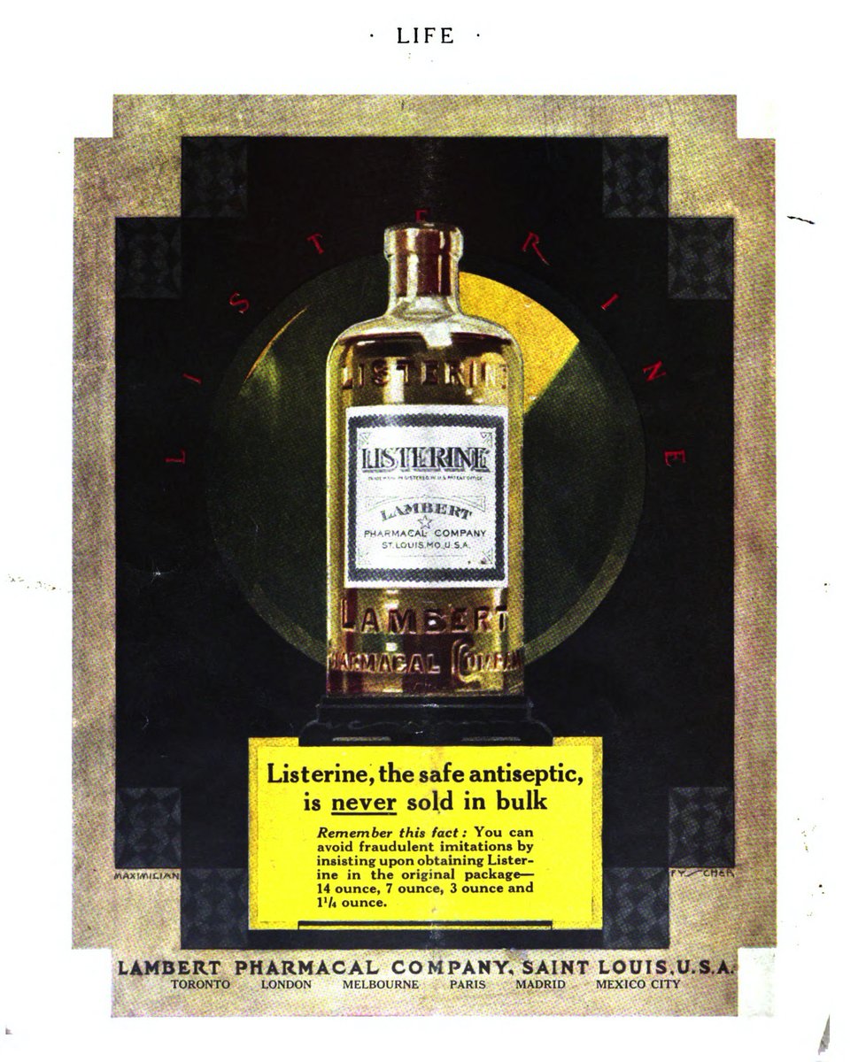 2/5 From the 1930s into the 1950s, advertisements claimed that applying this product to the scalp could prevent 'infectious dandruff'. (Source:  http://bit.ly/harshmouth&nbsp;)The product? Listerine! The 'original' variant of Listerine is still harsh/burning on the mouth, but that's