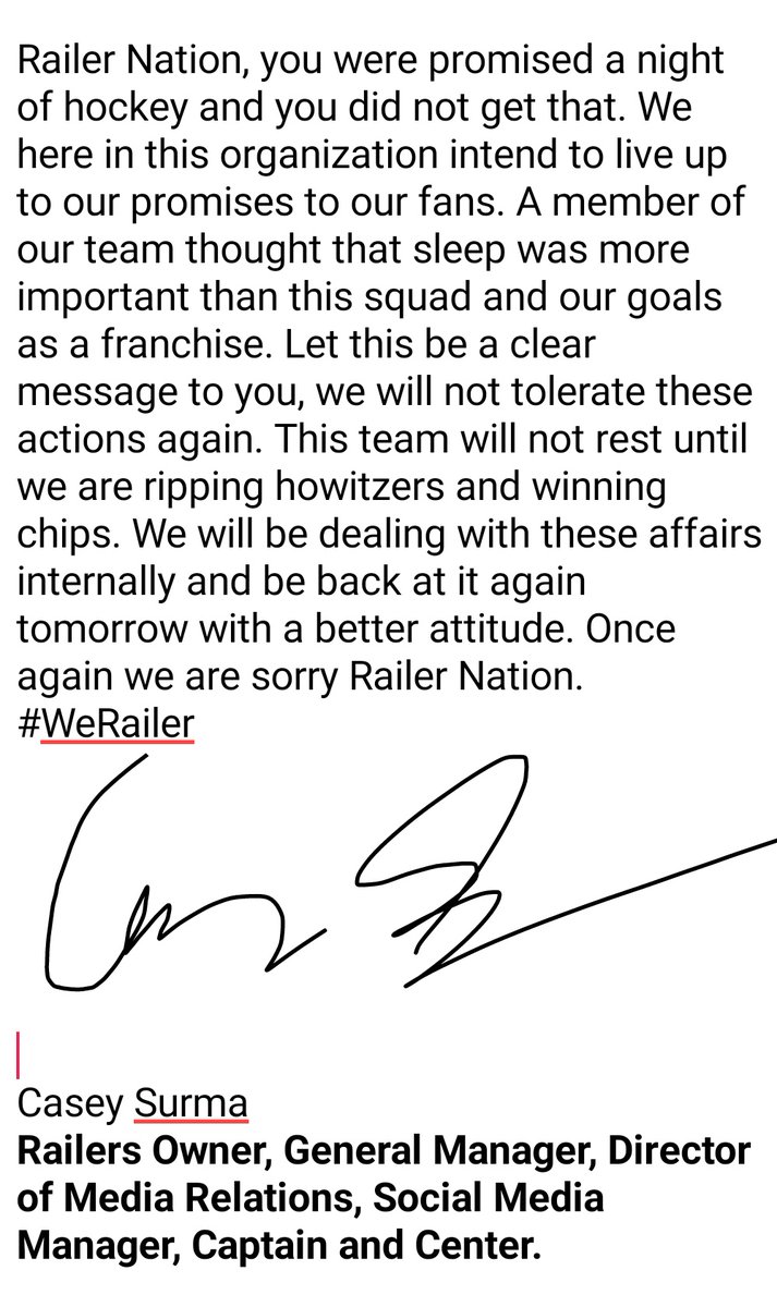RailersEASHL's tweet photo. A letter to Railer Nation from General Manager @The_Surmula regarding recent events in the organization: https://t.co/M3pR45ikG9