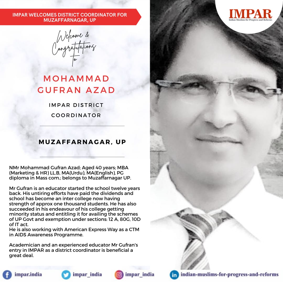 impar_india's tweet photo. Welcome and Congratulations to Mohammad Gufran Azad
District coordinator of IMPAR Muzaffarnagar , UP
ππππ
#ImparDistrictCoordinator
#indianMuslimforProgressAndReforms https://t.co/DzAgqb1VKp