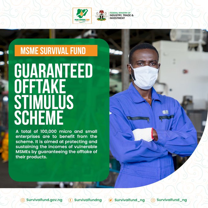 Adams_Magayaki's tweet photo. GUARANTEED OFFTAKE STIMULUS SCHEME
A total of 100,000 micro and small enterprises are to benefit from the scheme.
It is aimed at protecting and sustaining the incomes ofble MSMEs by guaranteeing the Off-take of their products.
#SurvivalFundNG #GuaranteedOfftake https://t.co/Ny0yx6bM9V