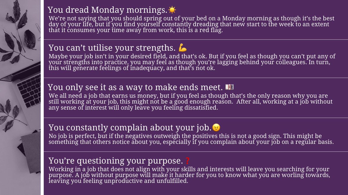 OppAccess's tweet image. It’s so important to #dowhatyoulove, sometimes we’re so clouded up in earning money that we’re left unfulfilled. Here are some signs that your job might not be for you.

#careerchange #Careers #careercoach #careeradvice #careersadvisor #dreamjob