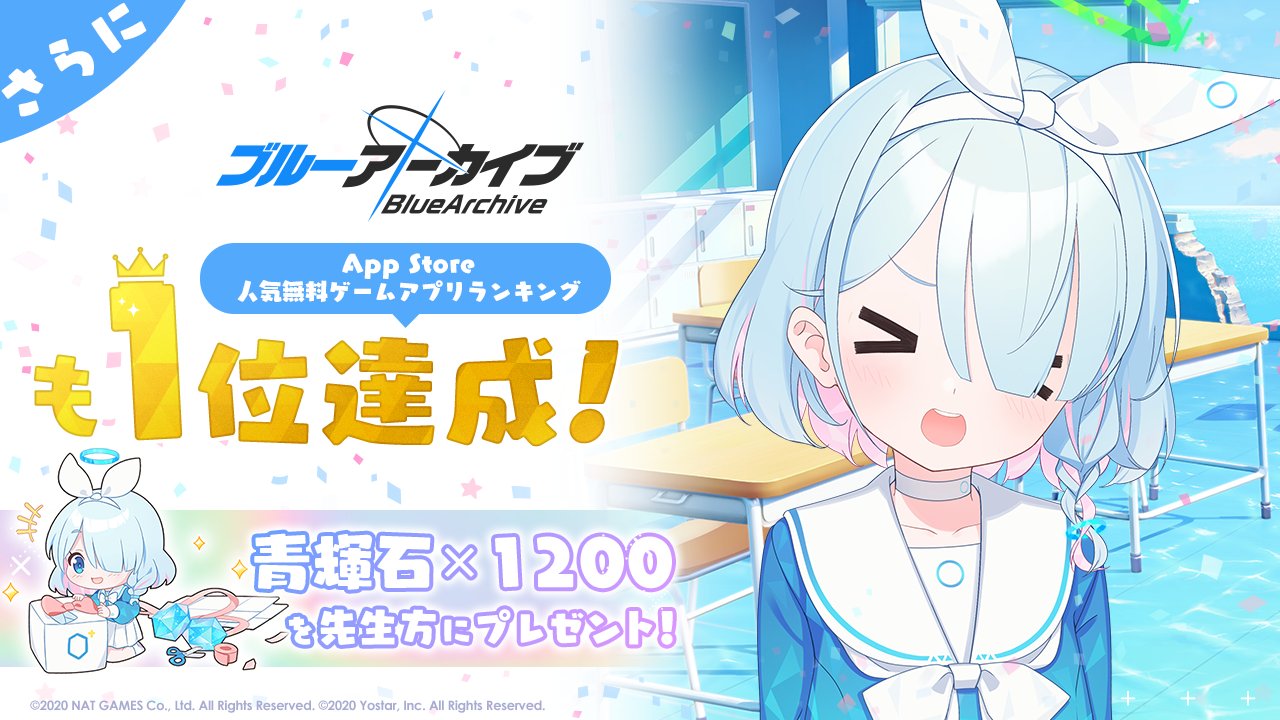 ブルーアーカイブ公式 Appstore人気無料ランキング1位獲得 Googleplayに続き Appstore人気無料ゲームアプリランキングでも1位を獲得しました これを記念して すべての先生方へさらに 青輝石 10 が追加支給されます Googleplay達成分