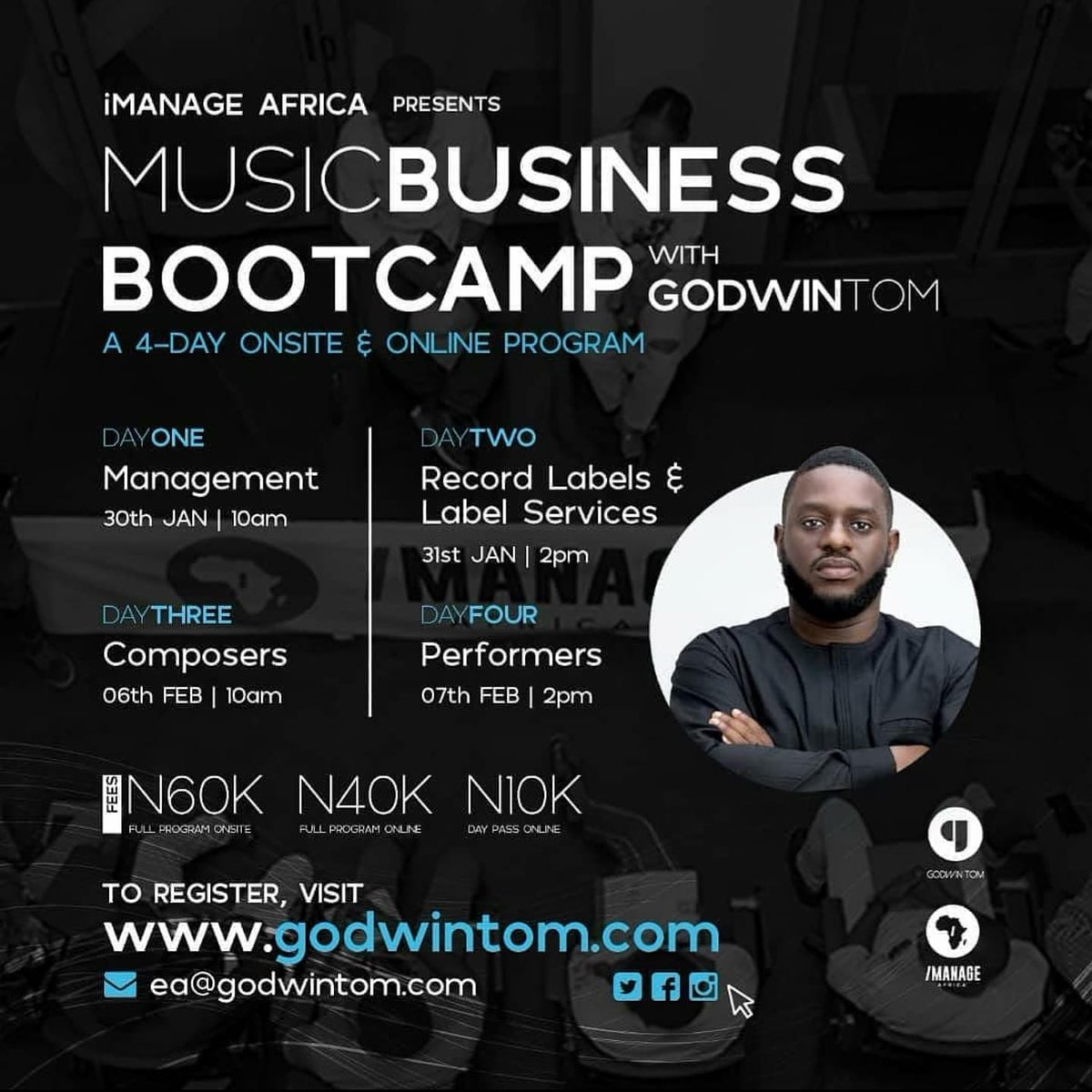 GodwinTom's tweet photo. Music Business Bootcamp Day 3 starts at 10am today!!! And today we are talking to COMPOSERS... If you know song writers, producers, beat makers, tag them and let them know they should be in this class... 

You can still register on https://t.co/CjjoaiPyXu https://t.co/pqUmrAFSmv