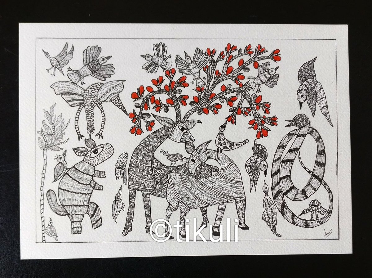 tikulli's tweet photo. Self plug
These traditional folk/tribal artworks are up for sale. Made with Watercolor on Watercolor paper. DM for price etc. Pinning this tweet for easy access. Will keep updating. RT for visibility&amp;support. #artistsoftwitter #Gond #paitkar #ArtSale #ArtistOnTwitter #folkart https://t.co/OrnXqDWpNU