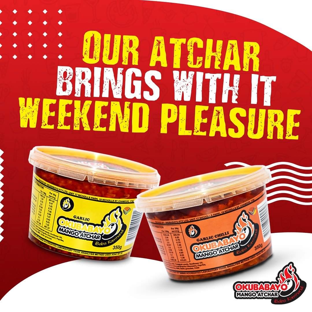 okubabayo's tweet photo. Our Atchar brings with it weekend pleasure!
Contact us Today for a store near you!
β: +27 10 312 5004
π§: info@okubabayo.co.za
π: https://t.co/bbM4jzQUHI
π‘: Unit 17 Nicholls Park, 19 Nicholls Street, Chamdor, South Africa, 1754
Proudly South African
#AtcharGuys #Mango https://t.co/E9QnakWkDA