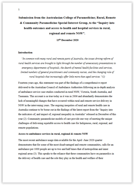 Inquiry into Health outcomes & services in  #rural,  #regional &  #remote NSW.The  @ACParamedicine Submission (No.275)  https://bit.ly/3pMrBp9&nbsp; Several other submissions show a lack of awareness of the interventions that could be provided by a contemporary registered  #paramedic