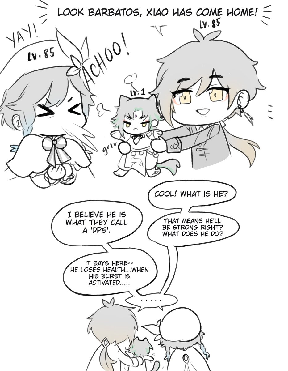 chicken scratch doodles to celebrate xiao coming home! sorry xiao my team of supports have been functioning as one combined dps this whole time...,....
#genshinimpact 