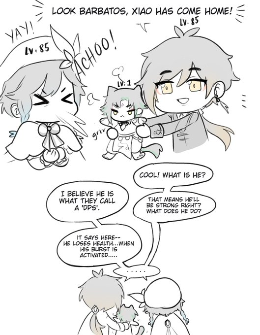chicken scratch doodles to celebrate xiao coming home! sorry xiao my team of supports have been functioning as one combined dps this whole time...,....
#genshinimpact 