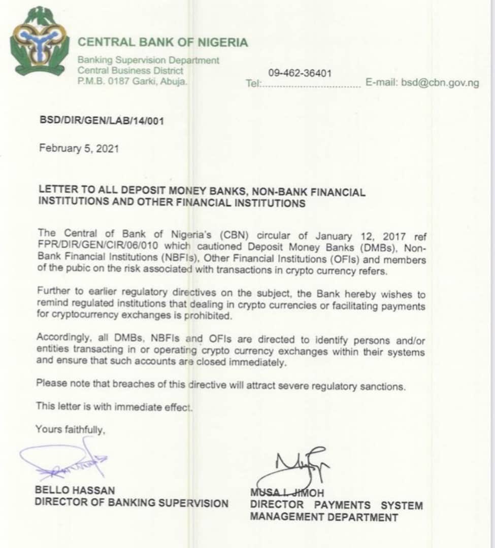 This is the notice by the Central Bank of Nigeria  barring regulated financial instiututions from facilitating payments from cryptocurrency exchanges dated February 5, 2021