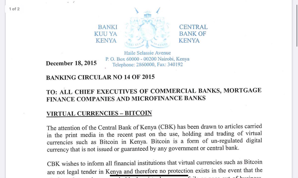 This is a similar notice by the Central Bank of Kenya prohibiting Kenyan banks from processing payments for Virtual currency businessesDated December 18, 2015  https://www.centralbank.go.ke/uploads/banking_circulars/2075994161_Banking%20Circular%20No%2014%20of%202015%20-%20Virtual%20Currencies%20-%20Bitcoin.pdf