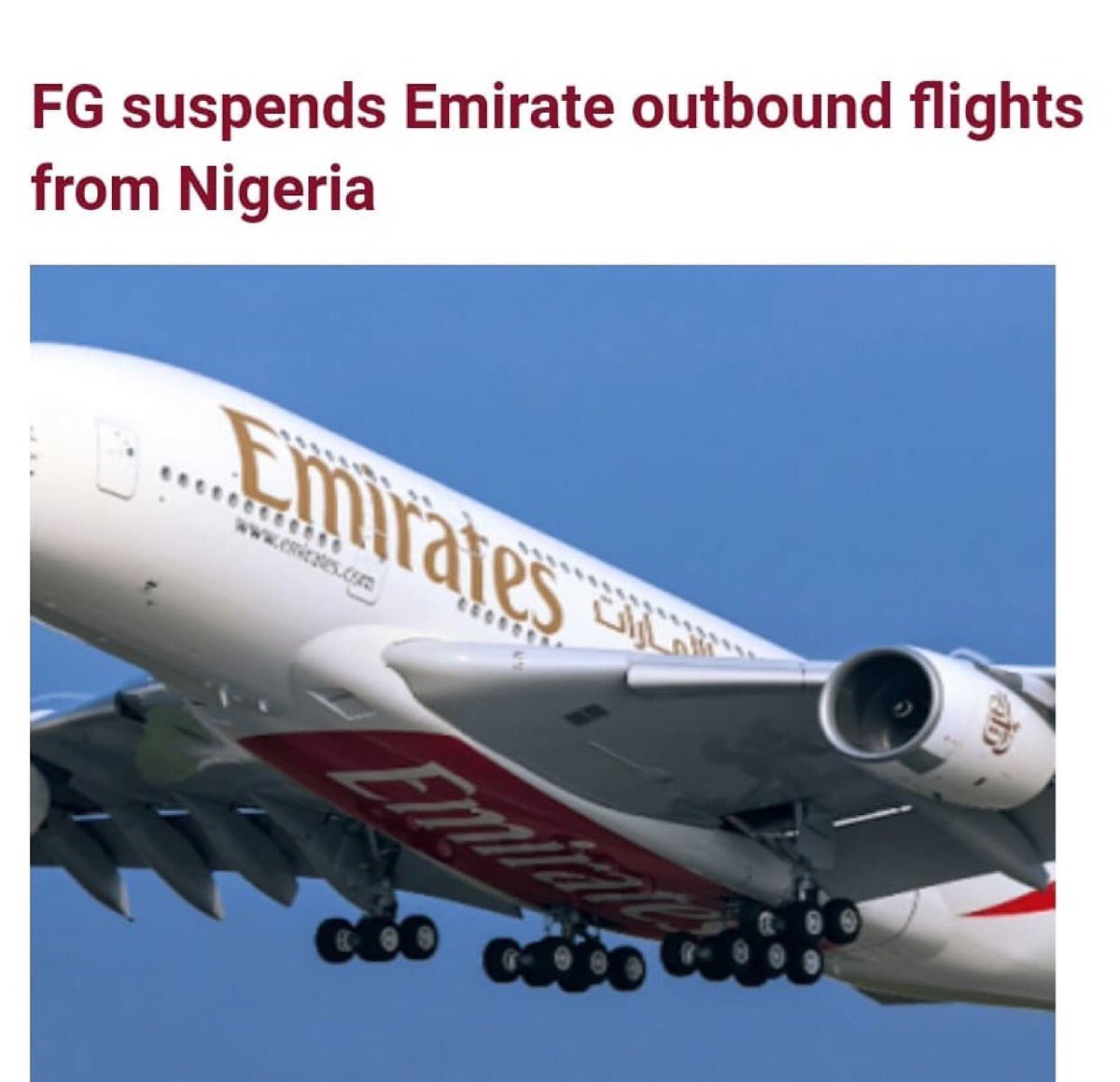 aranewstrends's tweet photo. Repost from @lindaikejiblogofficial
•
The Federal Government has placed a 72-hour suspension on outbound Emirates flights from Nigeria.

The suspension was announced in a circular issued on February 4 by the Nigerian Civil Aviation Authority (NCAA)#aranewstrends #endsars #fulani https://t.co/CUCIfqAVkc